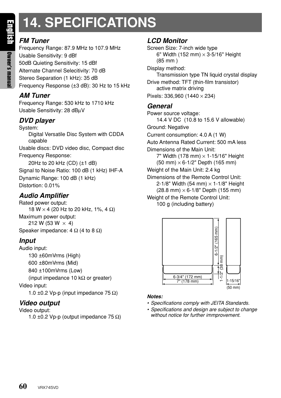 Specifications, English, Fm tuner | Am tuner, Dvd player, Audio amplifier, Input, Video output, Lcd monitor, General | Clarion VRX745VD User Manual | Page 58 / 68