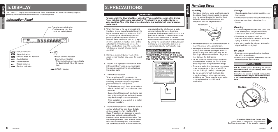 Display, Information panel, Precautions | Handling discs, 4english, English, Caution, Warning, Handling, Storage | Clarion VRX745VD User Manual | Page 6 / 68