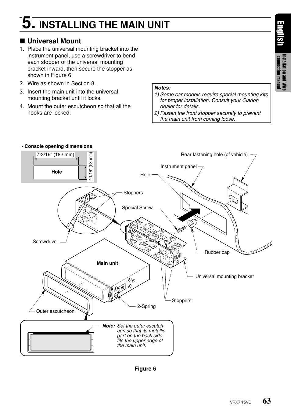 Installing the main unit, 63 english, Universal mount | Clarion VRX745VD User Manual | Page 61 / 68