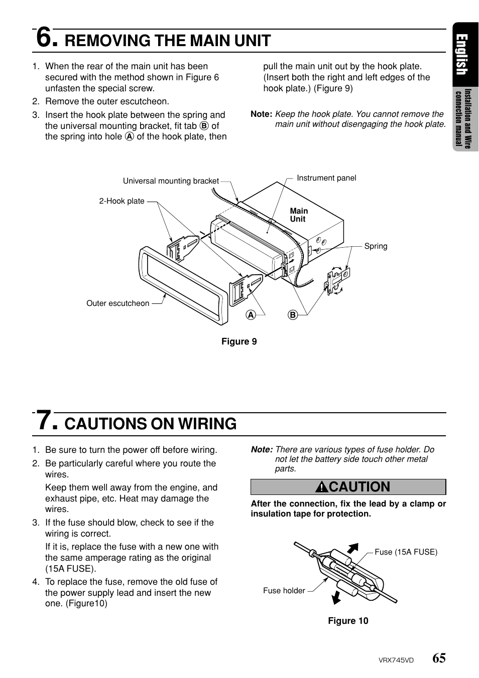 Removing the main unit, Cautions on wiring, 65 english | Caution | Clarion VRX745VD User Manual | Page 63 / 68