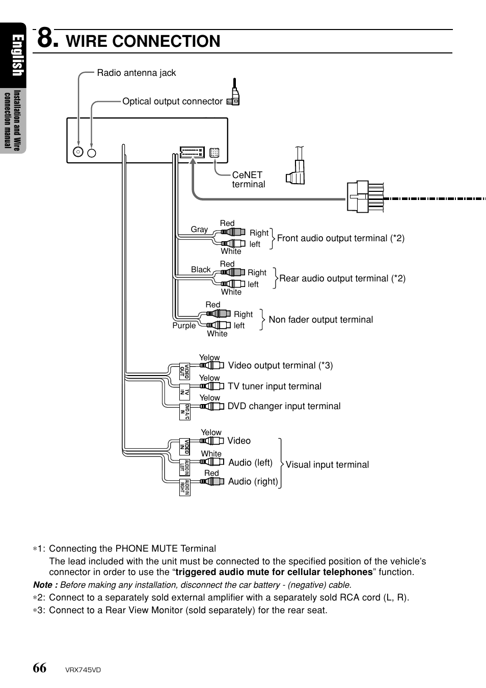Wire connection, English | Clarion VRX745VD User Manual | Page 64 / 68
