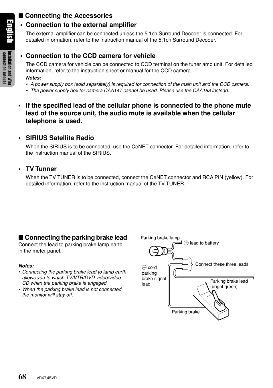 English, Connection to the ccd camera for vehicle, Tv tunner | Connecting the parking brake lead | Clarion VRX745VD User Manual | Page 66 / 68