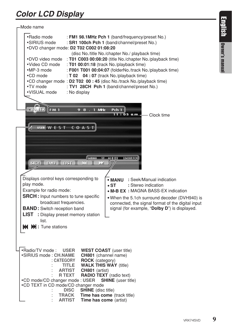 Color lcd display, 9english | Clarion VRX745VD User Manual | Page 7 / 68