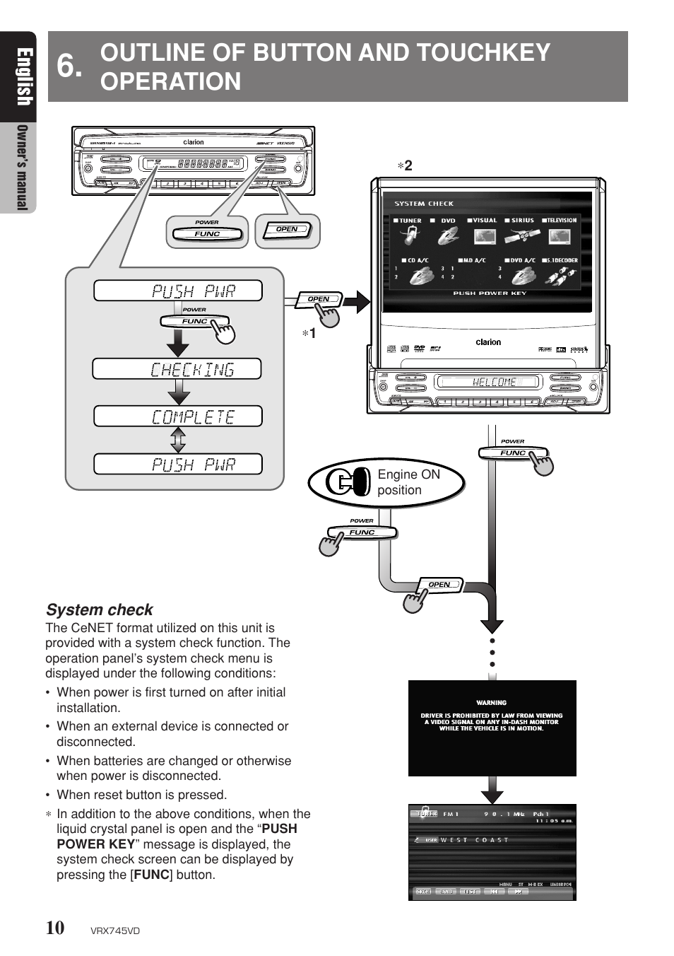 Outline of button and touchkey operation, English | Clarion VRX745VD User Manual | Page 8 / 68