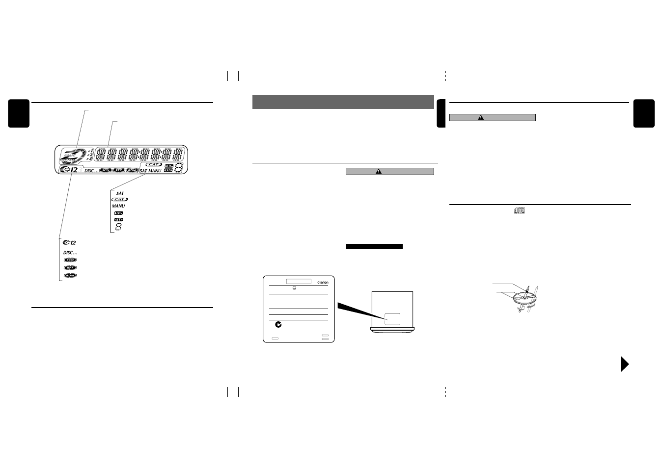 Precautions, Handling compact discs, Flip down panel | Lcd screen, Display items, 4english english english, Caution, Handling, Storage, Cleaning | Clarion DXZ525 User Manual | Page 3 / 21