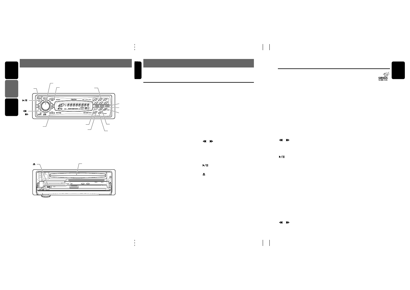 Nomenclature, Controls / les commandes / controles, Names of the buttons and their functions | English, English français español english, What is sirius satellite radio, When the cd/md/dvd changer is connected, When the sirius satellite radio is connected | Clarion DXZ525 User Manual | Page 4 / 21