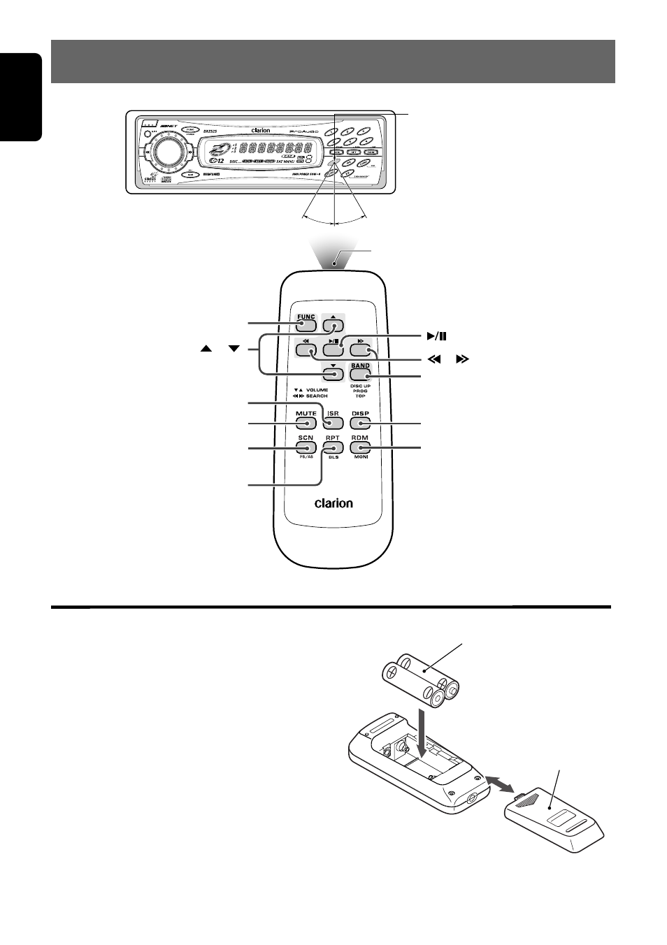 Remote control, Remote control unit inserting the batteries, English | Clarion DXZ525 User Manual | Page 6 / 21