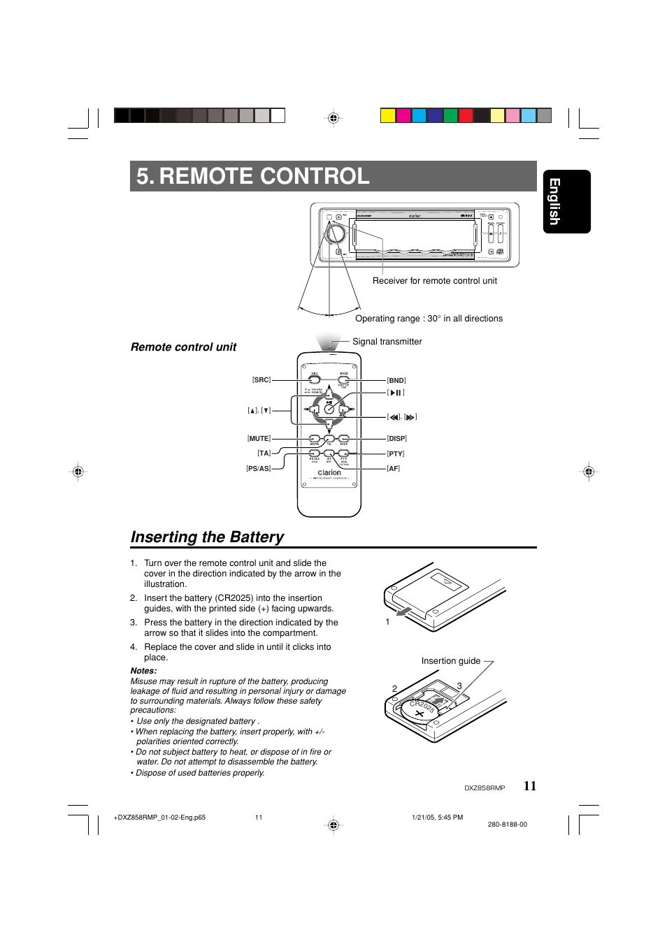 Remote control, Inserting the battery, English | Remote control unit | Clarion DXZ858RMP User Manual | Page 11 / 55