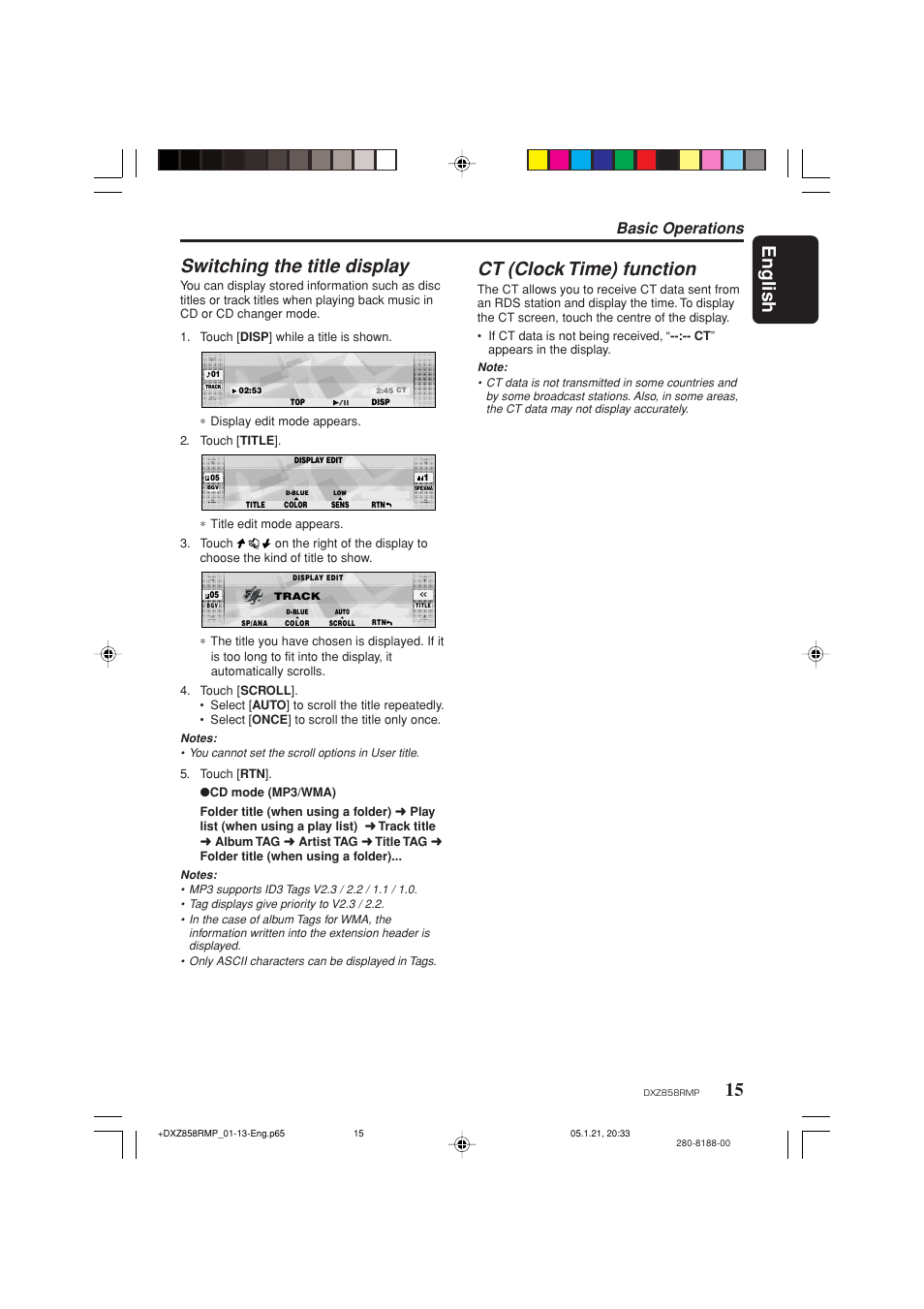 English, Switching the title display, Ct (clock time) function | Basic operations | Clarion DXZ858RMP User Manual | Page 15 / 55