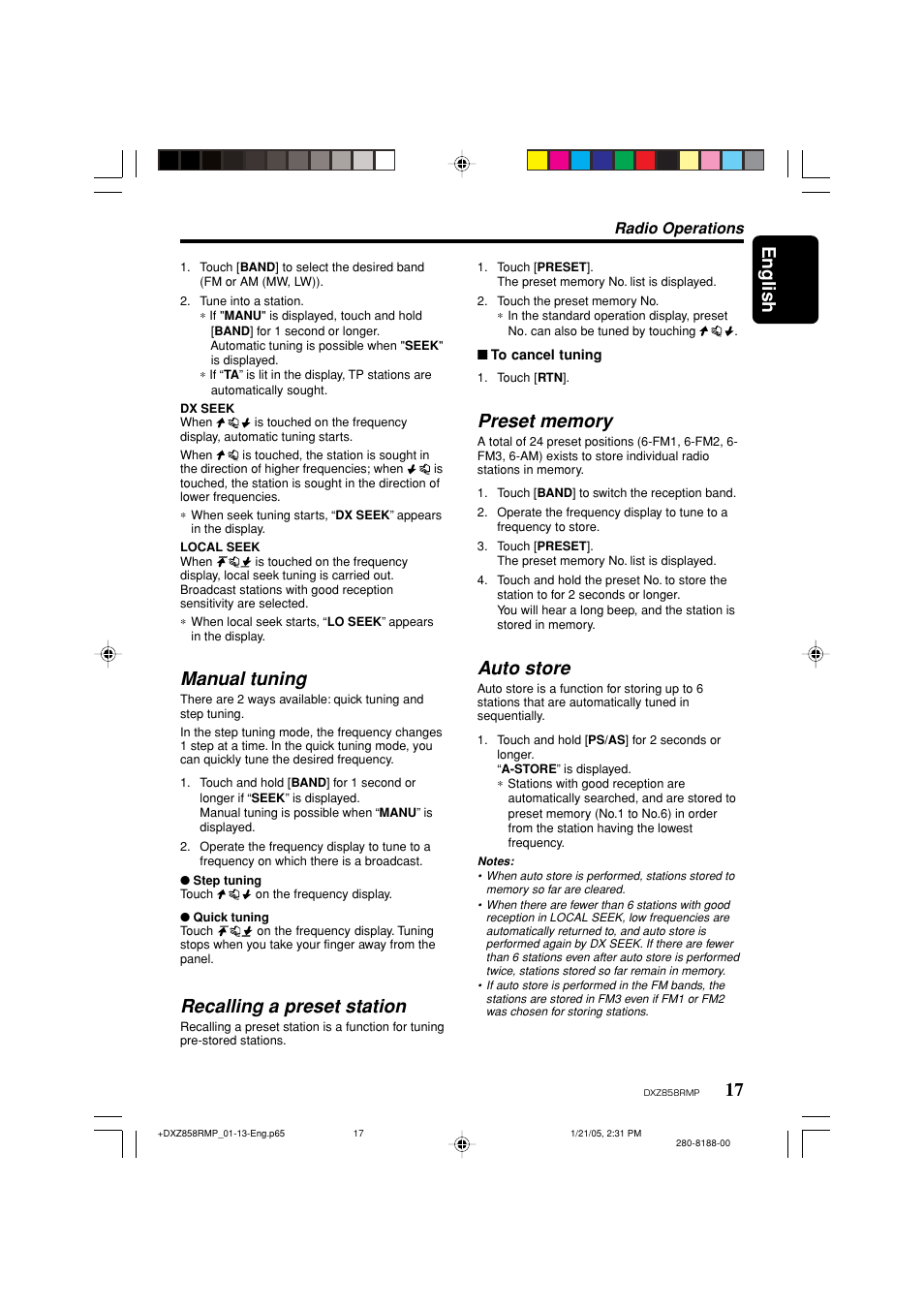 English, Manual tuning, Recalling a preset station | Auto store, Radio operations | Clarion DXZ858RMP User Manual | Page 17 / 55