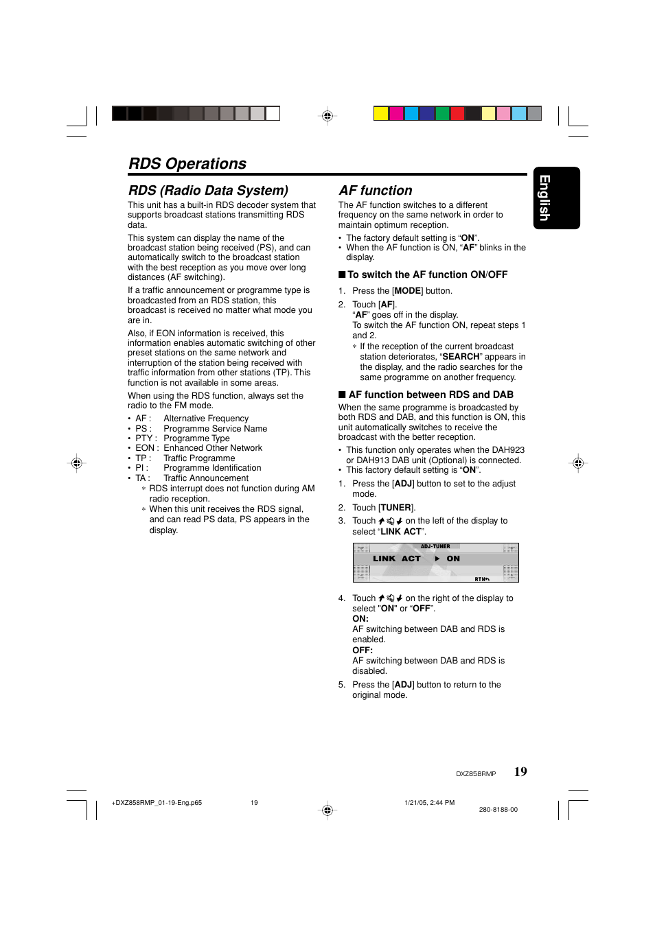 Rds operations, English, 19 rds (radio data system) | Af function | Clarion DXZ858RMP User Manual | Page 19 / 55