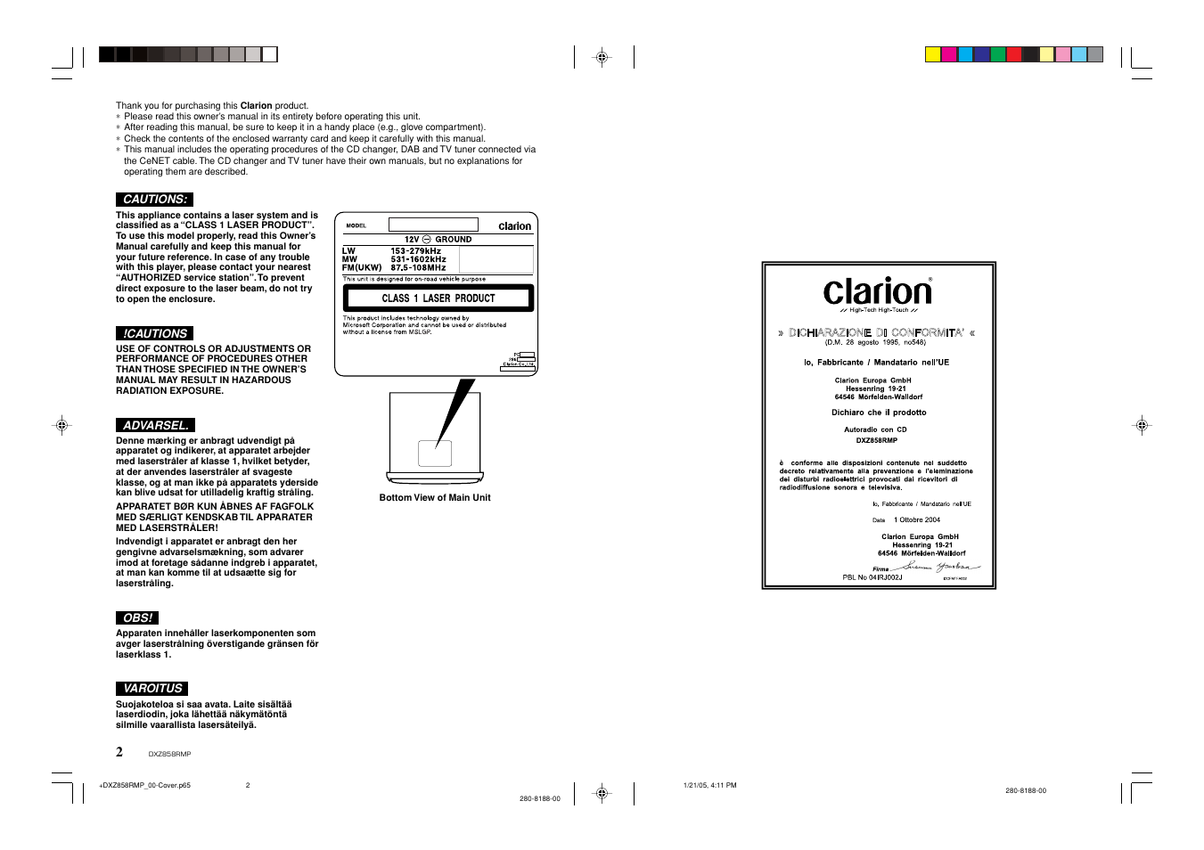 Cautions, Advarsel, Varoitus | Clarion DXZ858RMP User Manual | Page 2 / 55