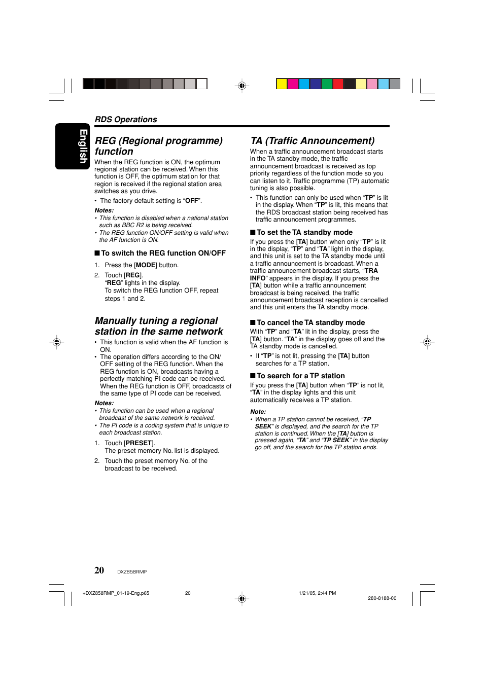 English 20, Reg (regional programme) function, Ta (traffic announcement) | Clarion DXZ858RMP User Manual | Page 20 / 55