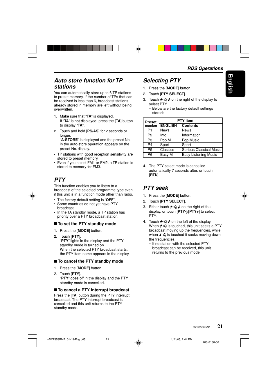 English, 21 selecting pty, Pty seek | Auto store function for tp stations, Rds operations | Clarion DXZ858RMP User Manual | Page 21 / 55