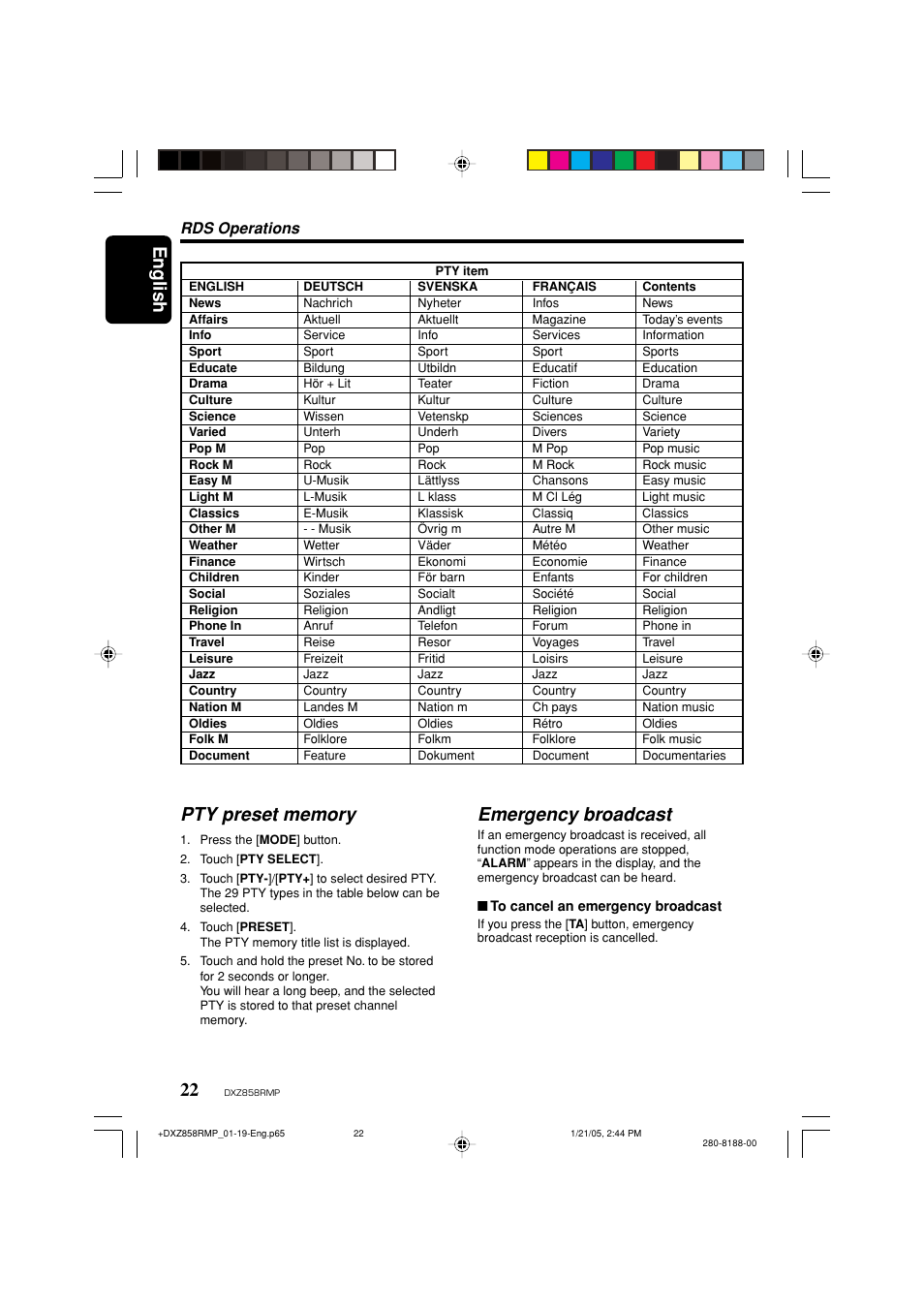 English 22, Emergency broadcast, Rds operations | Clarion DXZ858RMP User Manual | Page 22 / 55