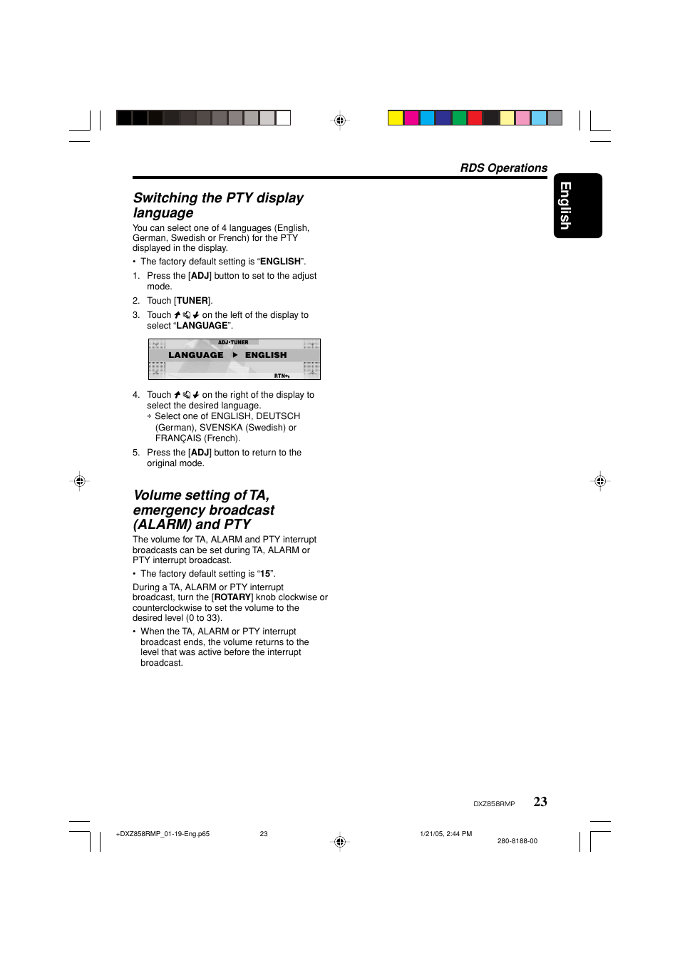 English, Switching the pty display language, Rds operations | Clarion DXZ858RMP User Manual | Page 23 / 55