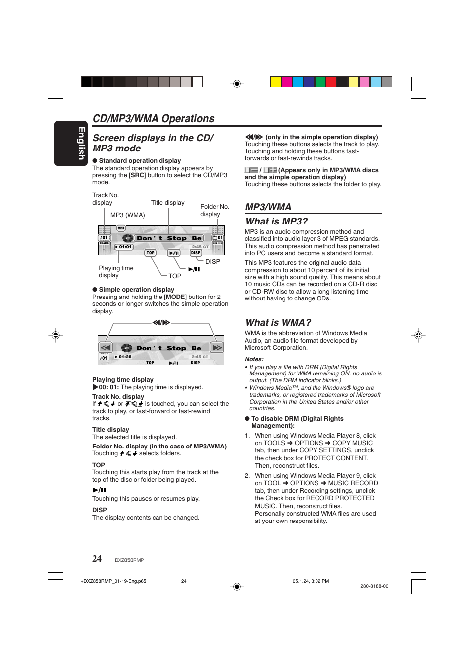 Cd/mp3/wma operations, English 24, Screen displays in the cd/ mp3 mode | Mp3/wma what is mp3, What is wma | Clarion DXZ858RMP User Manual | Page 24 / 55