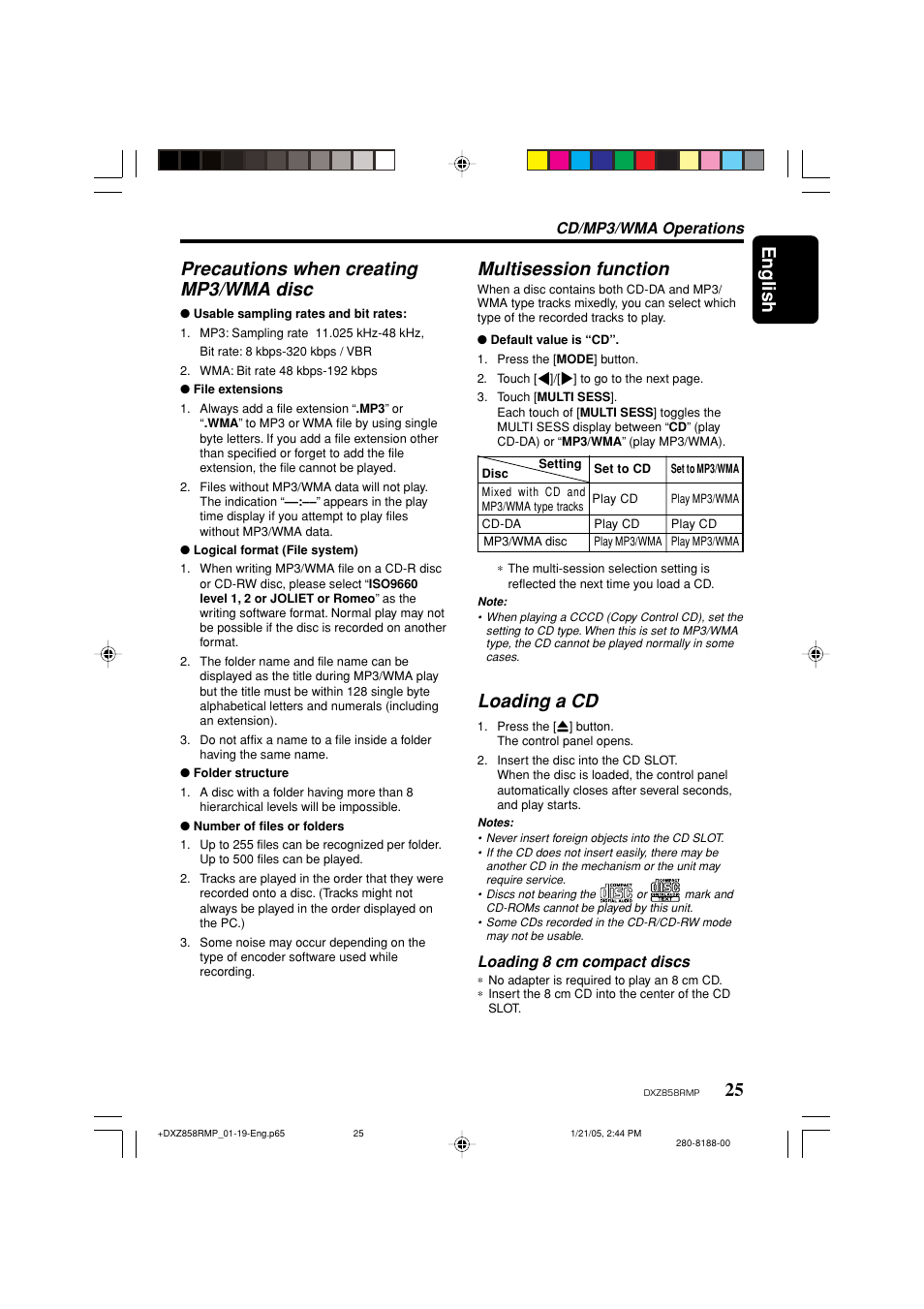 English, Precautions when creating mp3/wma disc, Multisession function | Loading a cd, Cd/mp3/wma operations, Loading 8 cm compact discs | Clarion DXZ858RMP User Manual | Page 25 / 55