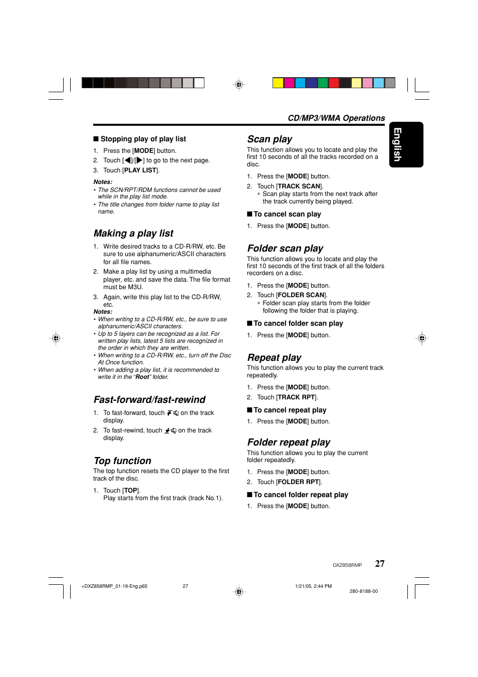 English, Making a play list, Fast-forward/fast-rewind | Top function, Scan play, Folder scan play, Repeat play, Folder repeat play | Clarion DXZ858RMP User Manual | Page 27 / 55