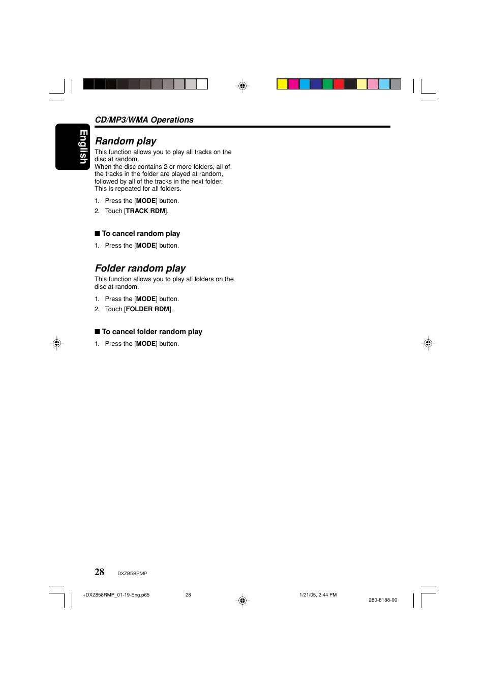 English 28, Random play, Folder random play | Clarion DXZ858RMP User Manual | Page 28 / 55