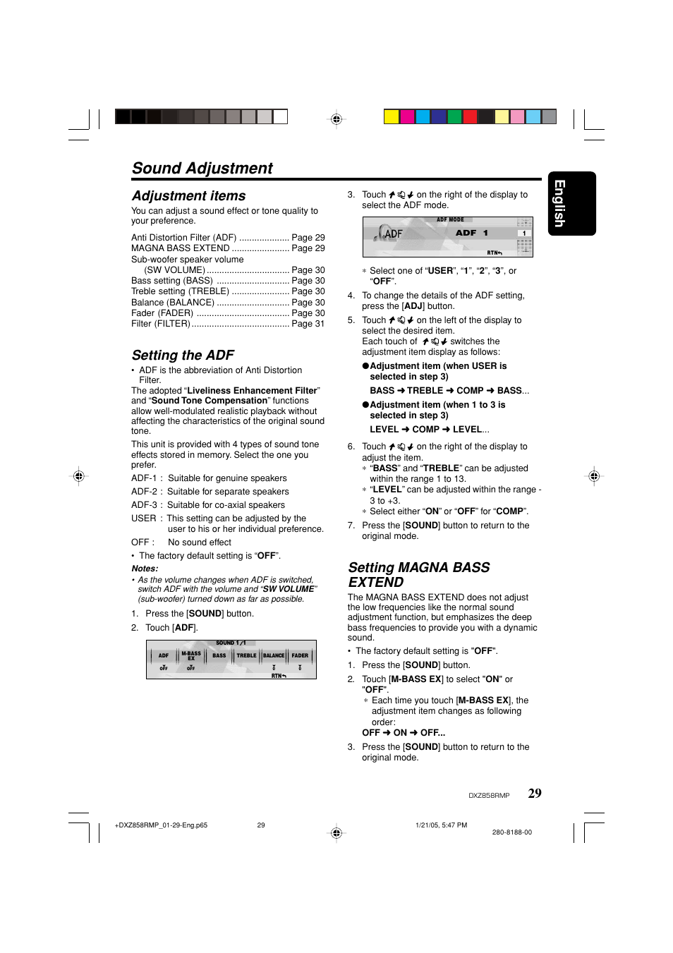 Sound adjustment, English, 29 adjustment items | Setting the adf, Setting magna bass extend | Clarion DXZ858RMP User Manual | Page 29 / 55