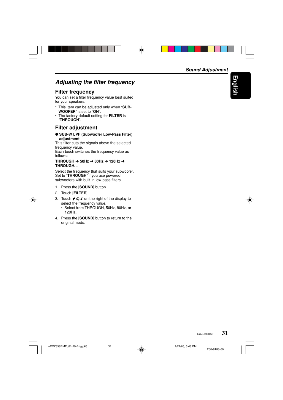 English, Adjusting the filter frequency, Filter frequency | Filter adjustment | Clarion DXZ858RMP User Manual | Page 31 / 55