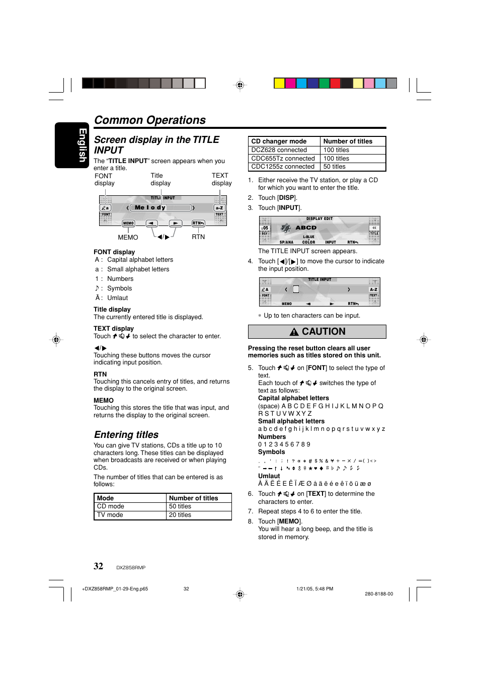 Common operations, English 32, Screen display in the title input | Entering titles, Caution | Clarion DXZ858RMP User Manual | Page 32 / 55