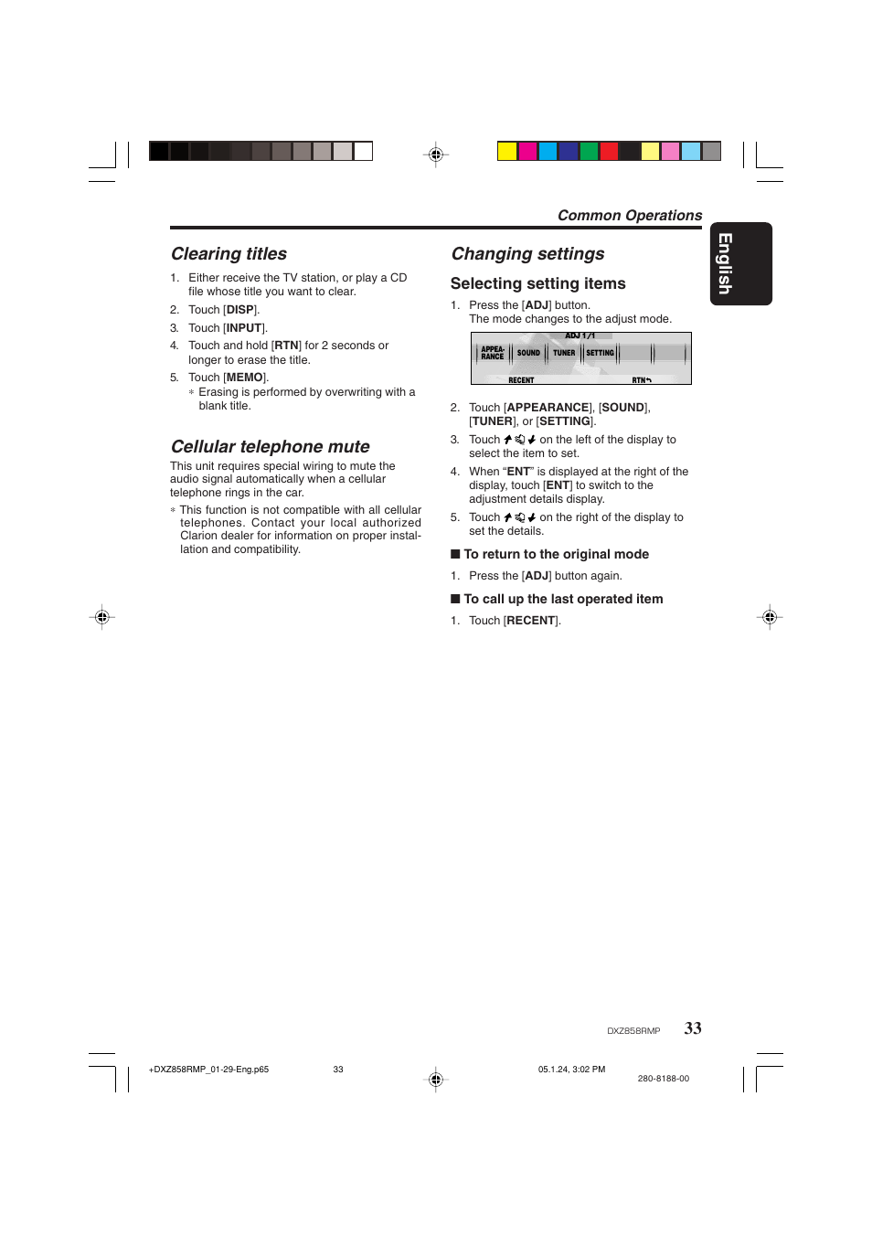 English, Clearing titles, Cellular telephone mute | Changing settings, Selecting setting items, Common operations | Clarion DXZ858RMP User Manual | Page 33 / 55