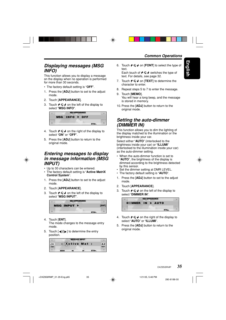 English, Displaying messages (msg info), Setting the auto-dimmer (dimmer in) | Common operations | Clarion DXZ858RMP User Manual | Page 35 / 55