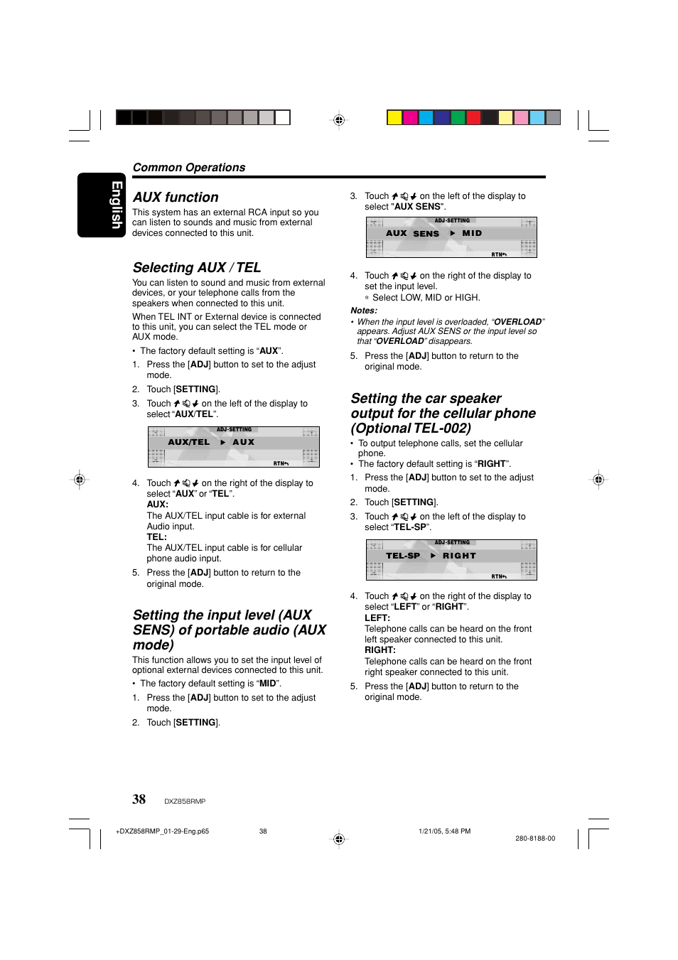 English 38, Aux function, Selecting aux / tel | Common operations | Clarion DXZ858RMP User Manual | Page 38 / 55