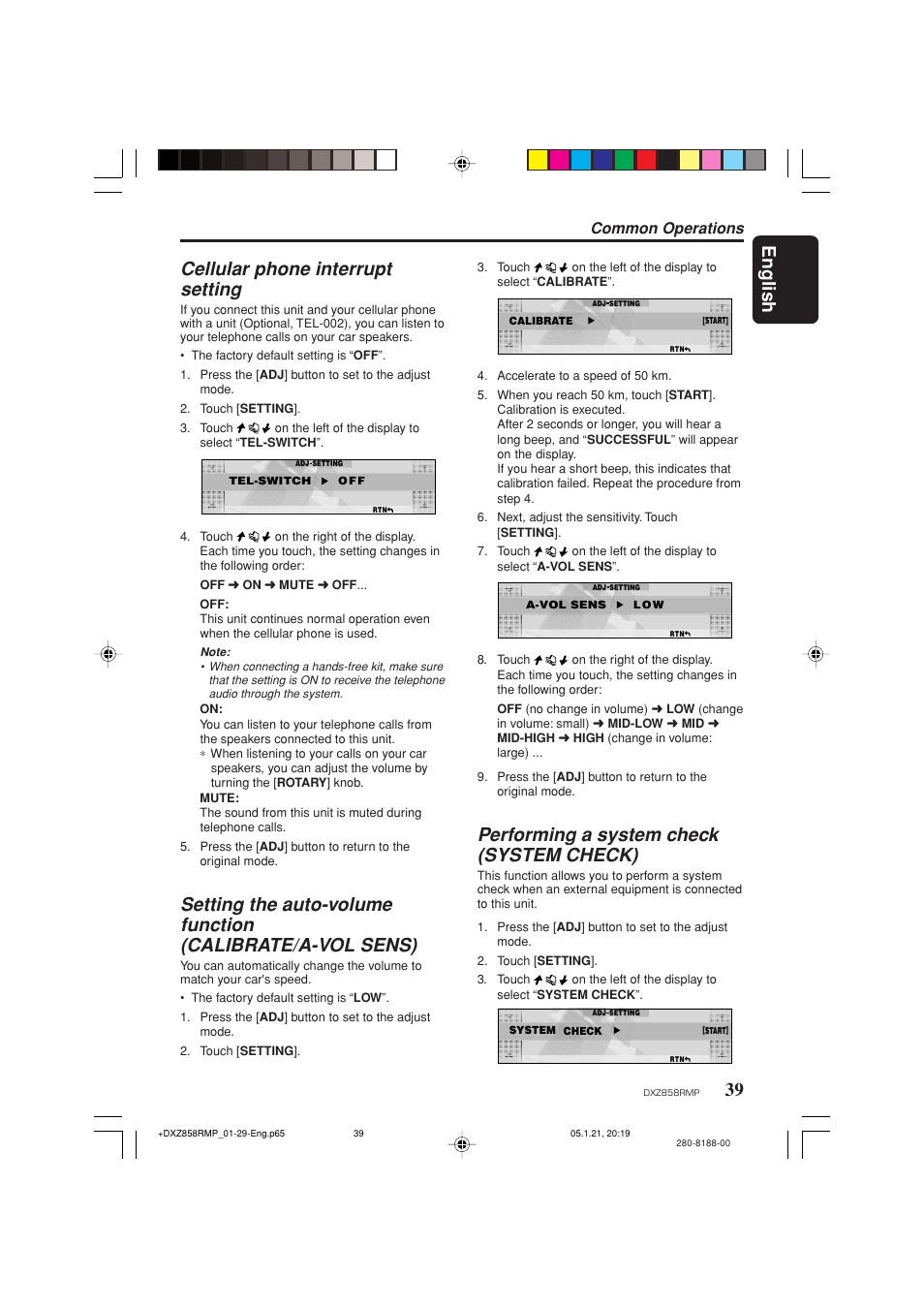 English, Cellular phone interrupt setting, Performing a system check (system check) | Common operations | Clarion DXZ858RMP User Manual | Page 39 / 55