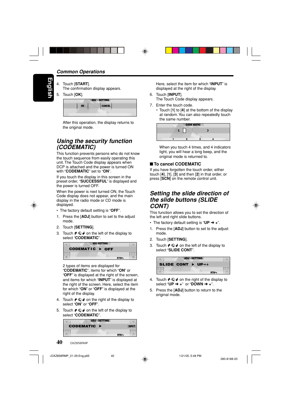 English 40, Using the security function (codematic), Common operations | Clarion DXZ858RMP User Manual | Page 40 / 55