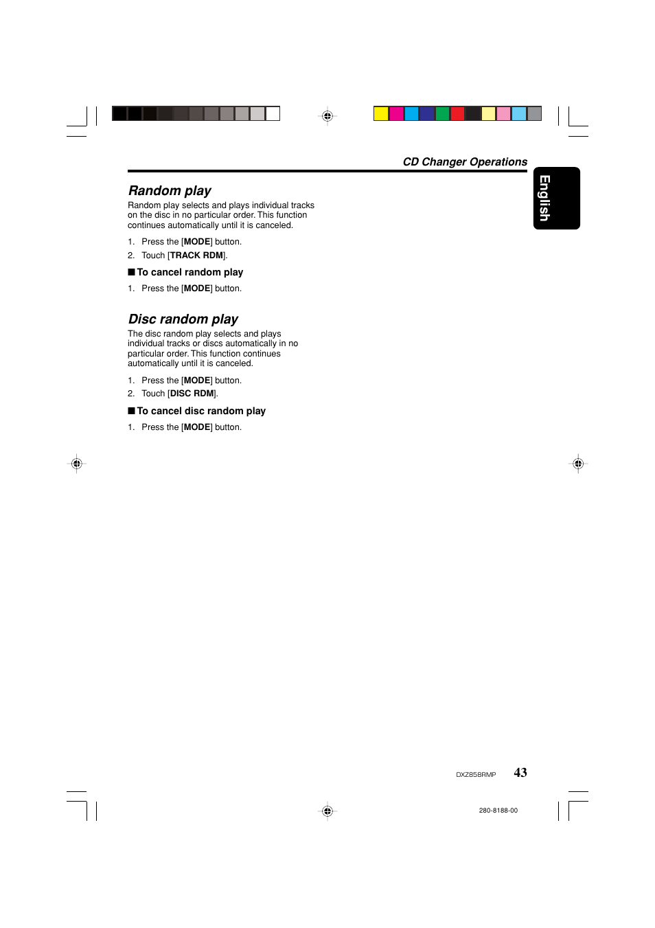 English, Random play, Disc random play | Clarion DXZ858RMP User Manual | Page 43 / 55