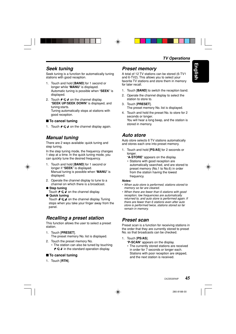 English, 45 seek tuning, Manual tuning | Recalling a preset station, Auto store, Preset scan | Clarion DXZ858RMP User Manual | Page 45 / 55