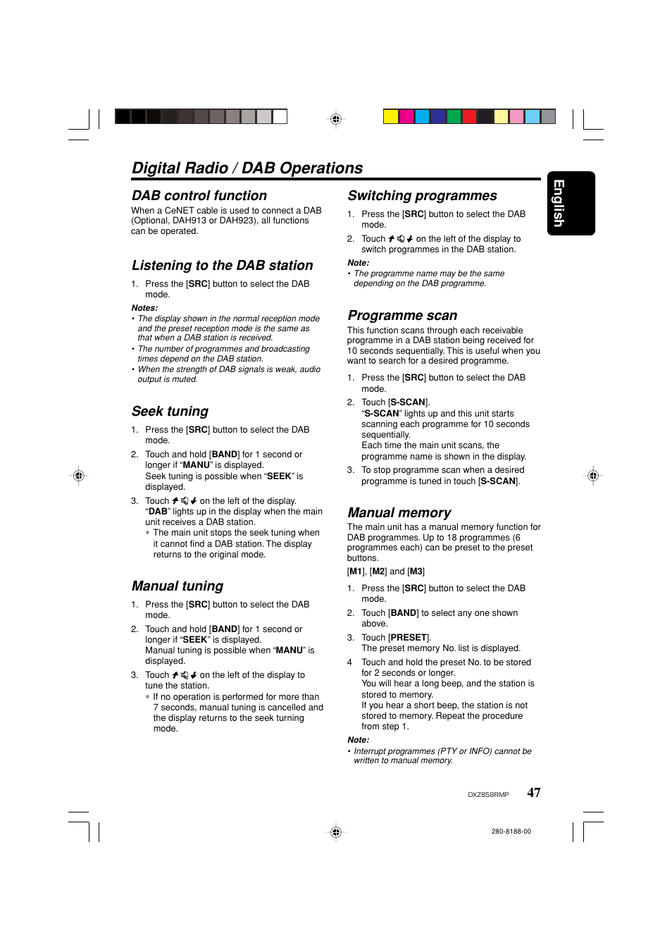 Digital radio / dab operations, English, 47 dab control function | Listening to the dab station, Seek tuning, Manual tuning, Switching programmes, Programme scan | Clarion DXZ858RMP User Manual | Page 47 / 55