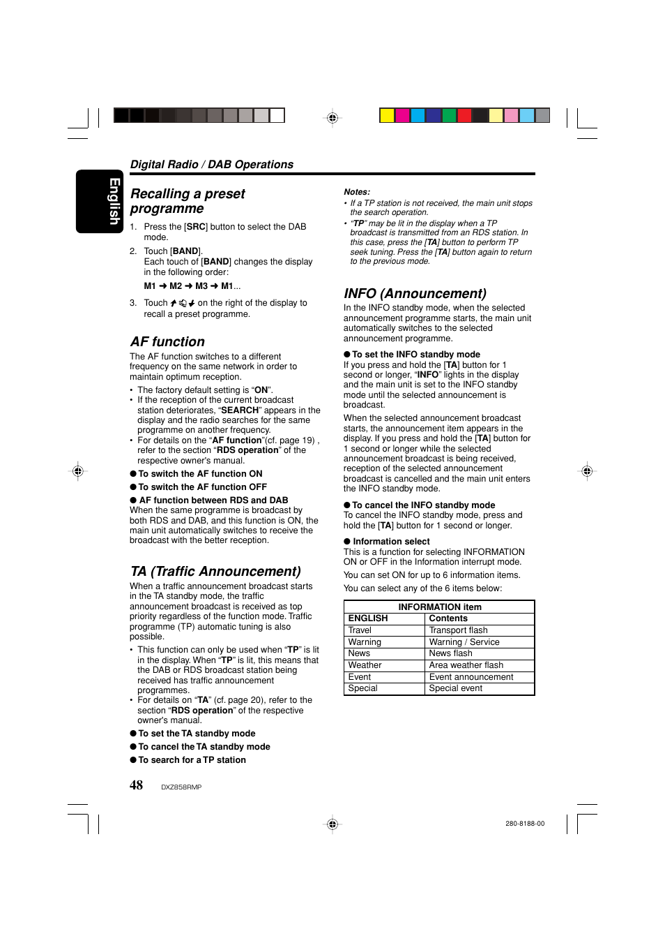 English 48, Recalling a preset programme, Af function | Ta (traffic announcement), Info (announcement) | Clarion DXZ858RMP User Manual | Page 48 / 55