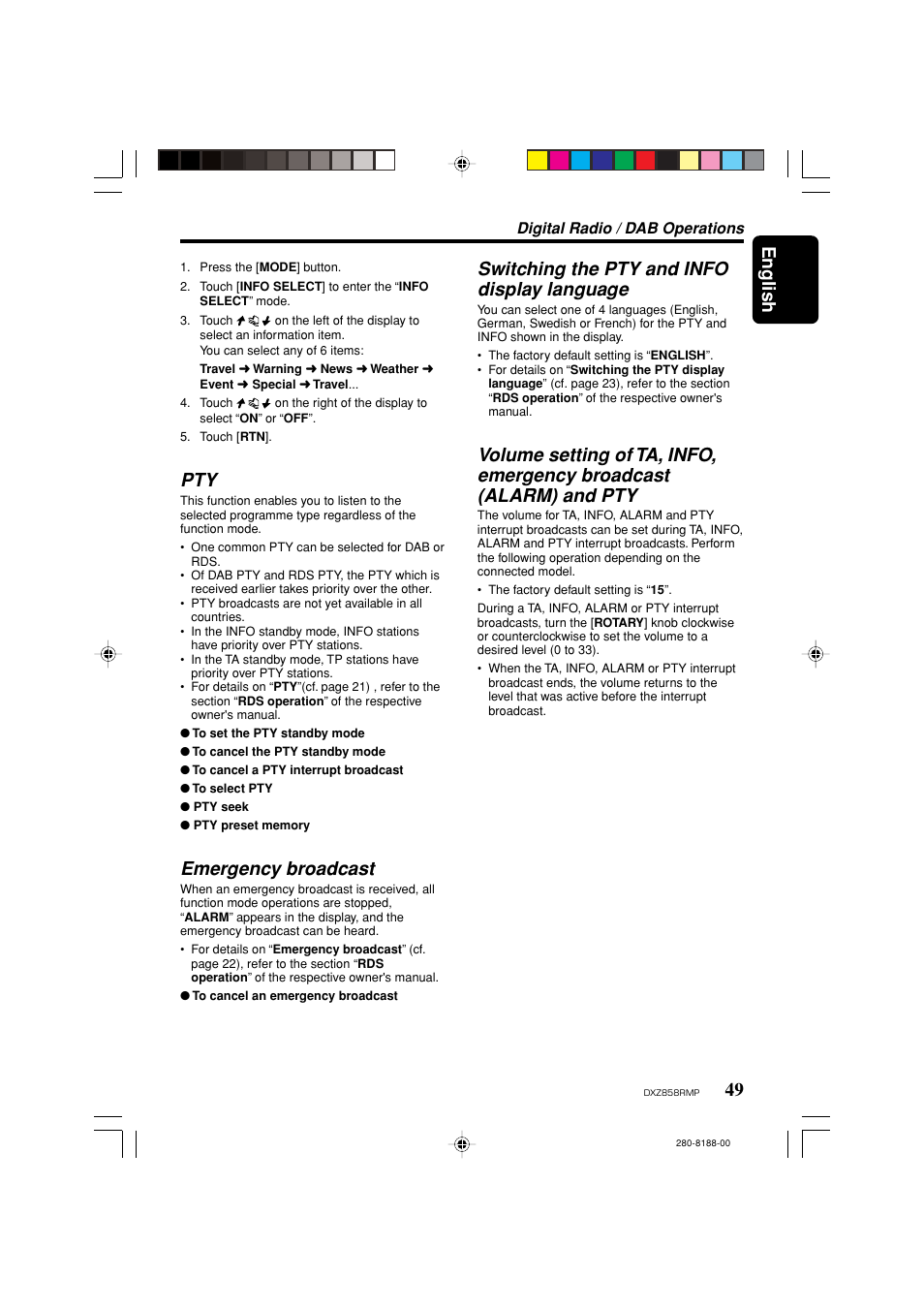 English, Emergency broadcast, Switching the pty and info display language | Clarion DXZ858RMP User Manual | Page 49 / 55