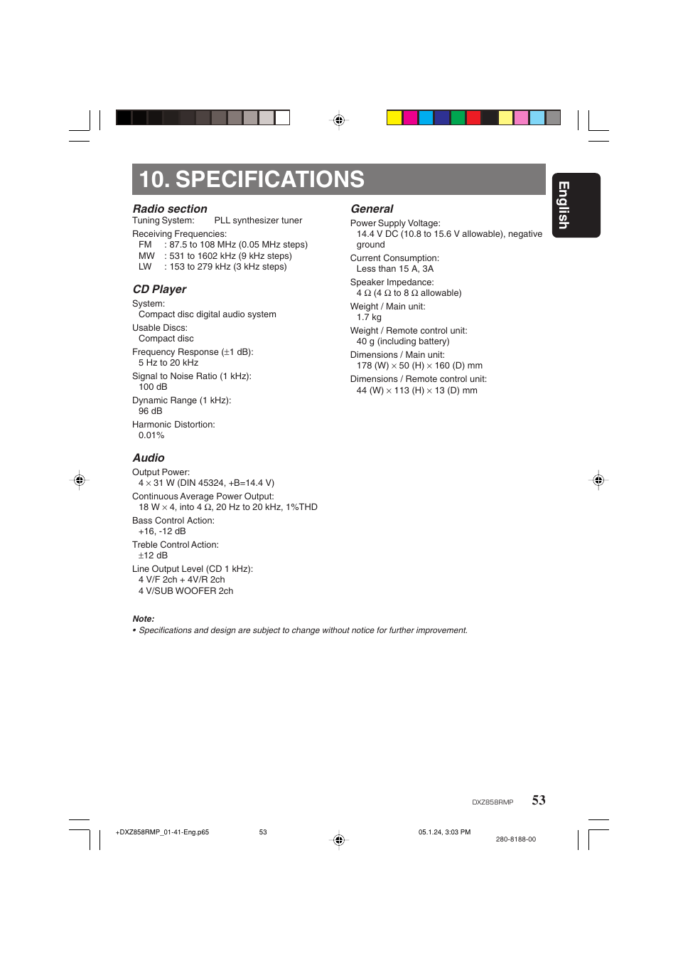 Specifications, English, Cd player | Audio, General | Clarion DXZ858RMP User Manual | Page 53 / 55