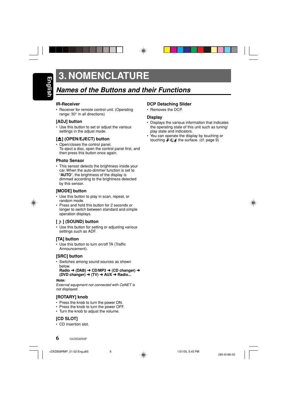 Nomenclature, Names of the buttons and their functions, English | Clarion DXZ858RMP User Manual | Page 6 / 55