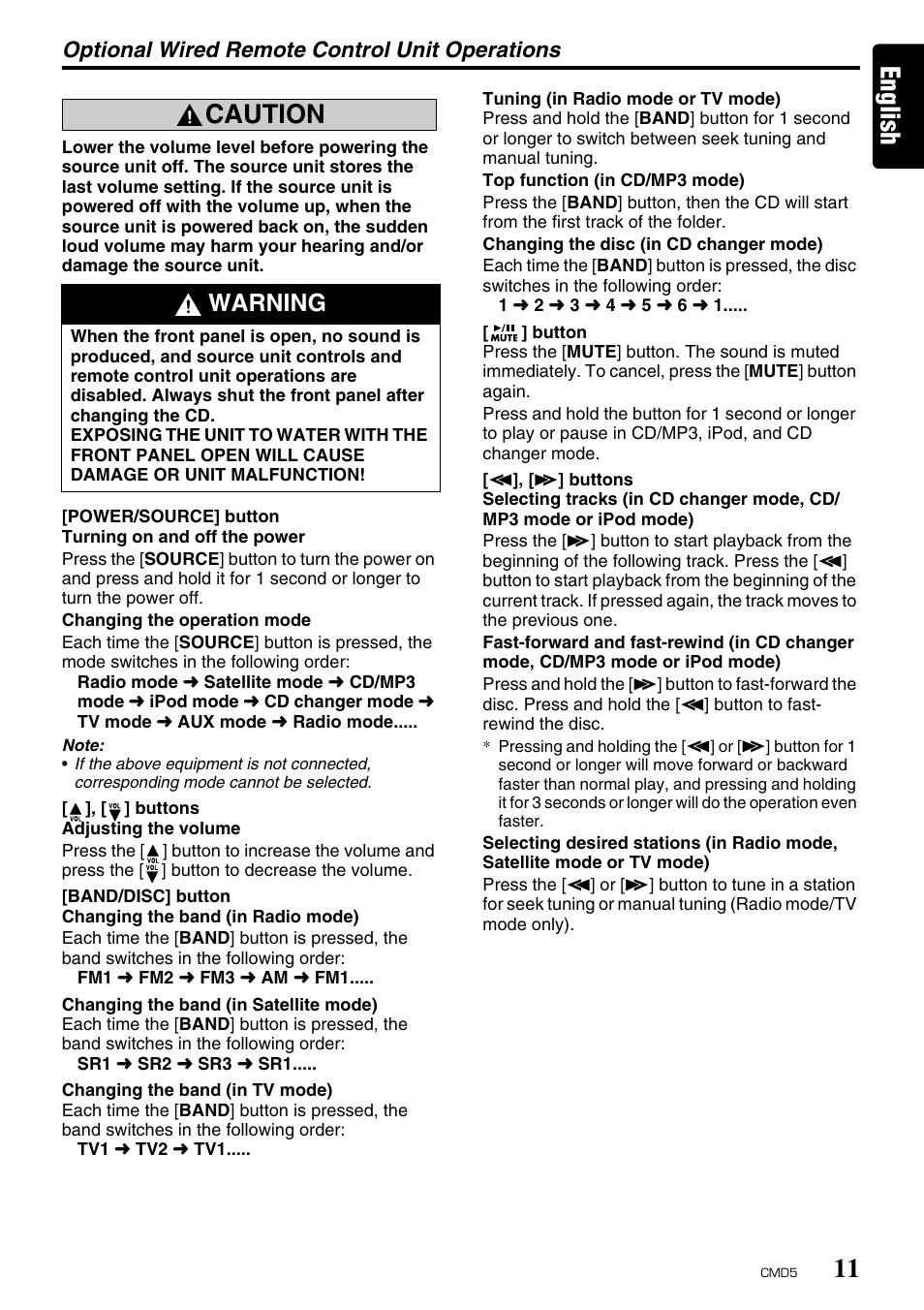 English caution, Warning, Optional wired remote control unit operations | Clarion CMD5 User Manual | Page 11 / 38
