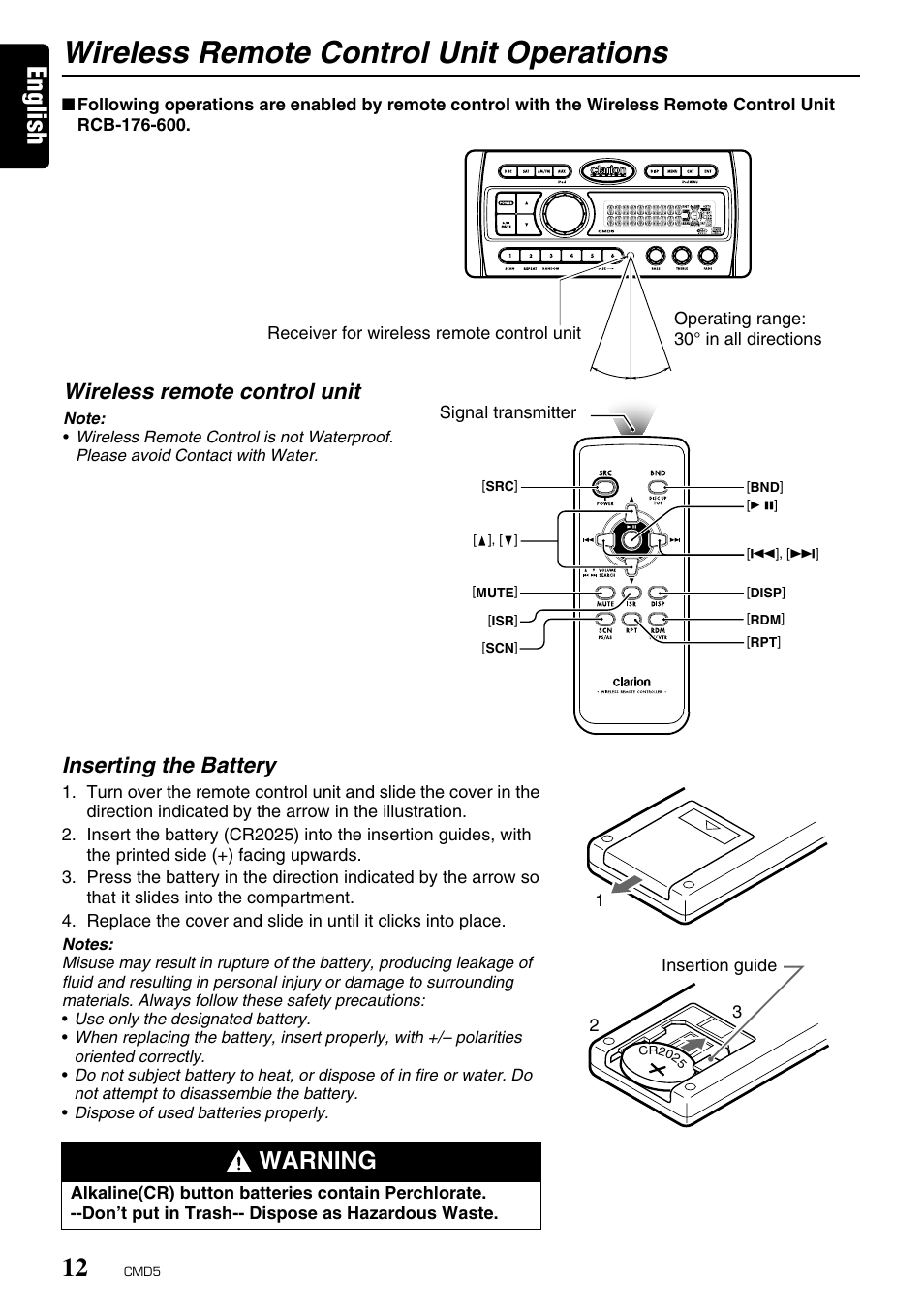 Wireless remote control unit operations, English, Warning | Inserting the battery, Wireless remote control unit | Clarion CMD5 User Manual | Page 12 / 38