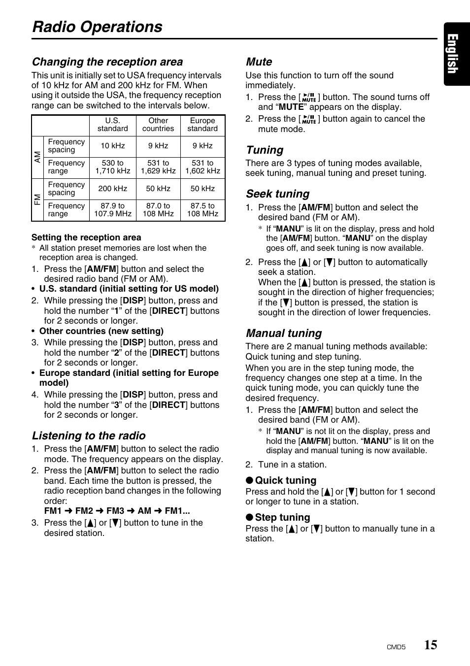 Radio operations, English, Changing the reception area | Listening to the radio, Mute, Tuning, Seek tuning, Manual tuning | Clarion CMD5 User Manual | Page 15 / 38