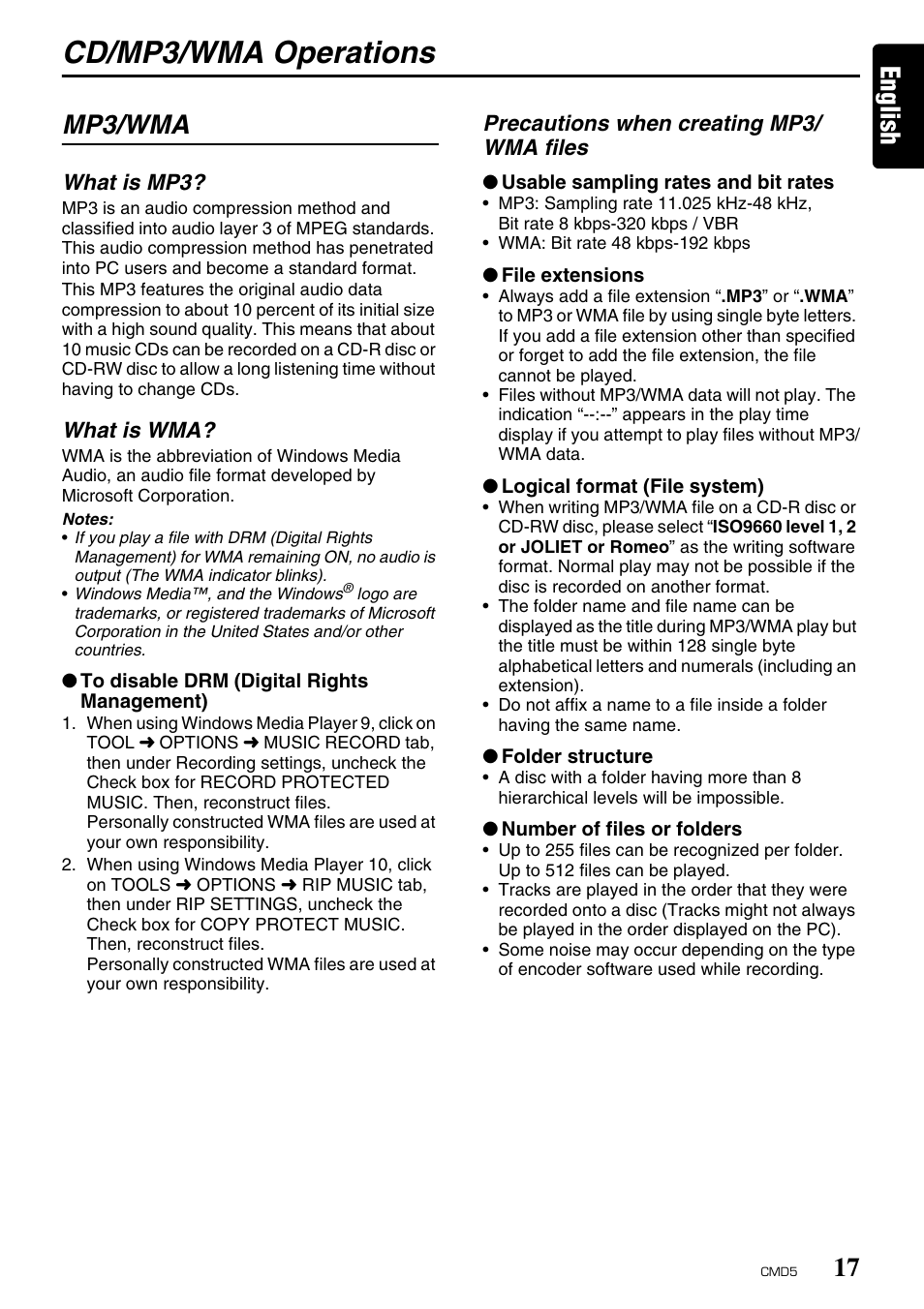 Cd/mp3/wma operations, English, Mp3/wma | Clarion CMD5 User Manual | Page 17 / 38