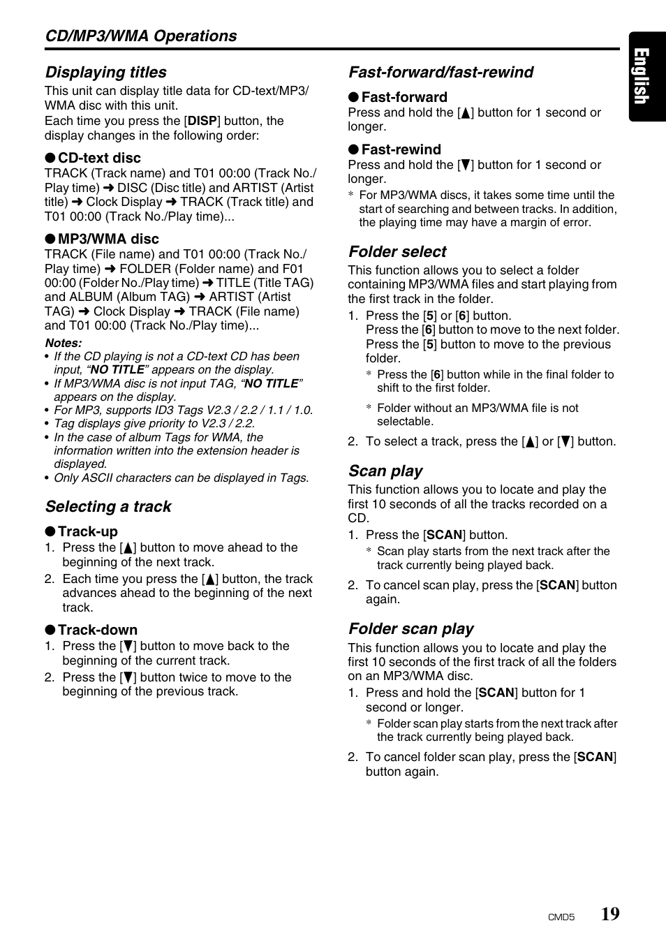 English, Cd/mp3/wma operations, Displaying titles | Selecting a track, Fast-forward/fast-rewind, Folder select, Scan play, Folder scan play | Clarion CMD5 User Manual | Page 19 / 38