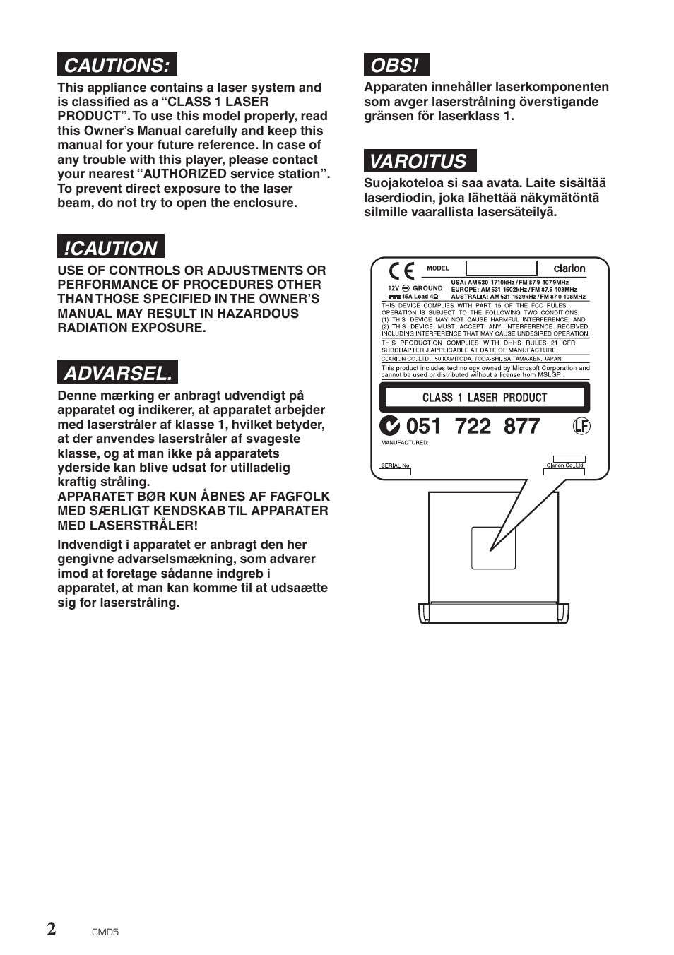 2cautions, Caution, Advarsel | Varoitus | Clarion CMD5 User Manual | Page 2 / 38