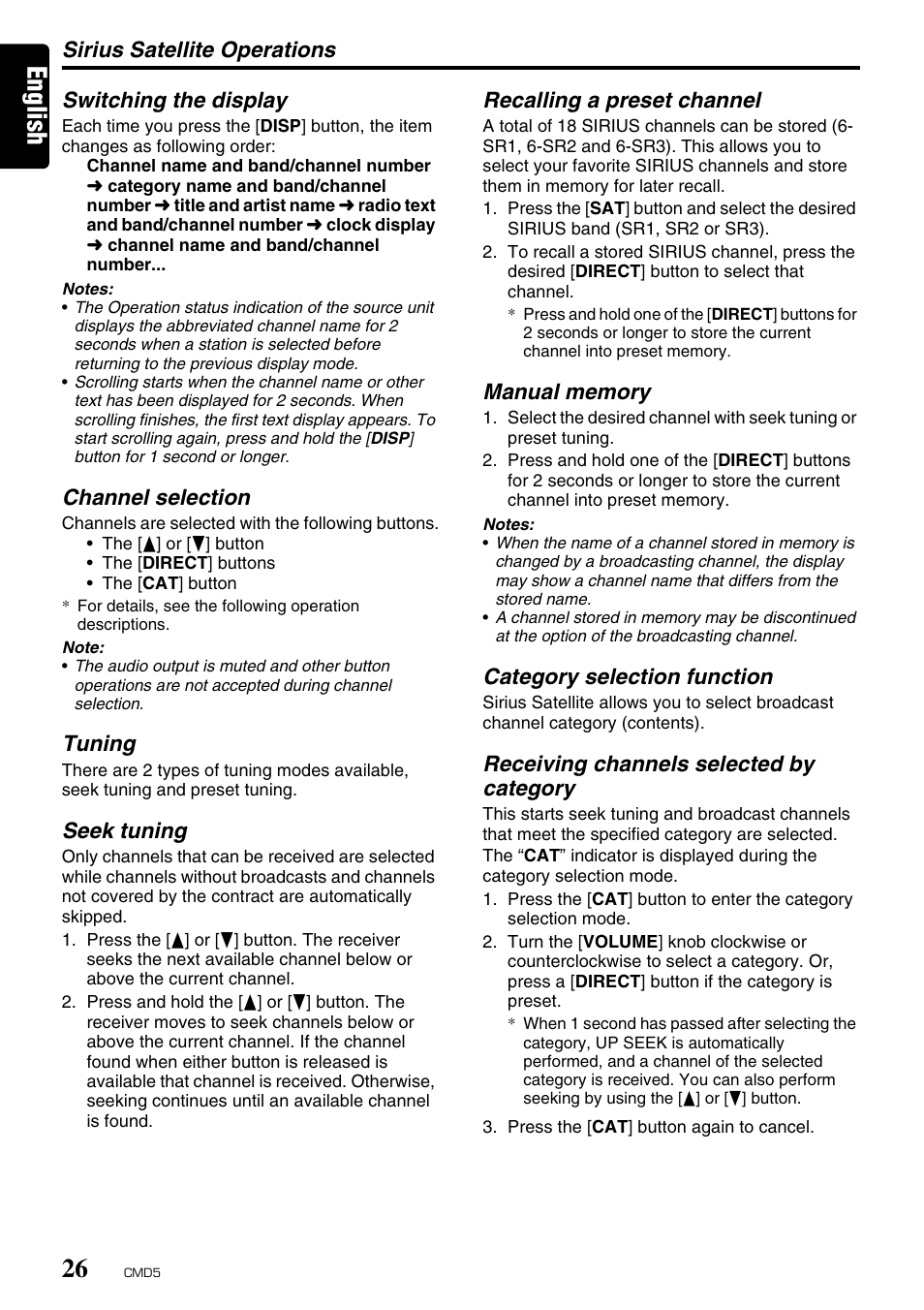 English, Sirius satellite operations, Switching the display | Channel selection, Tuning, Seek tuning, Recalling a preset channel, Category selection function, Receiving channels selected by category | Clarion CMD5 User Manual | Page 26 / 38