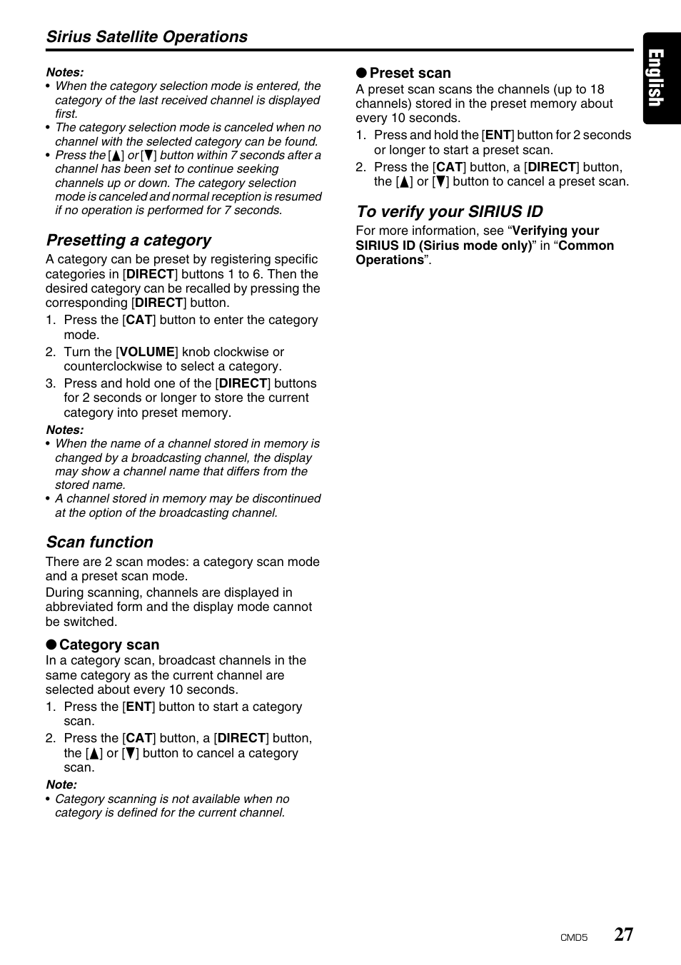English, Sirius satellite operations, Presetting a category | Scan function | Clarion CMD5 User Manual | Page 27 / 38