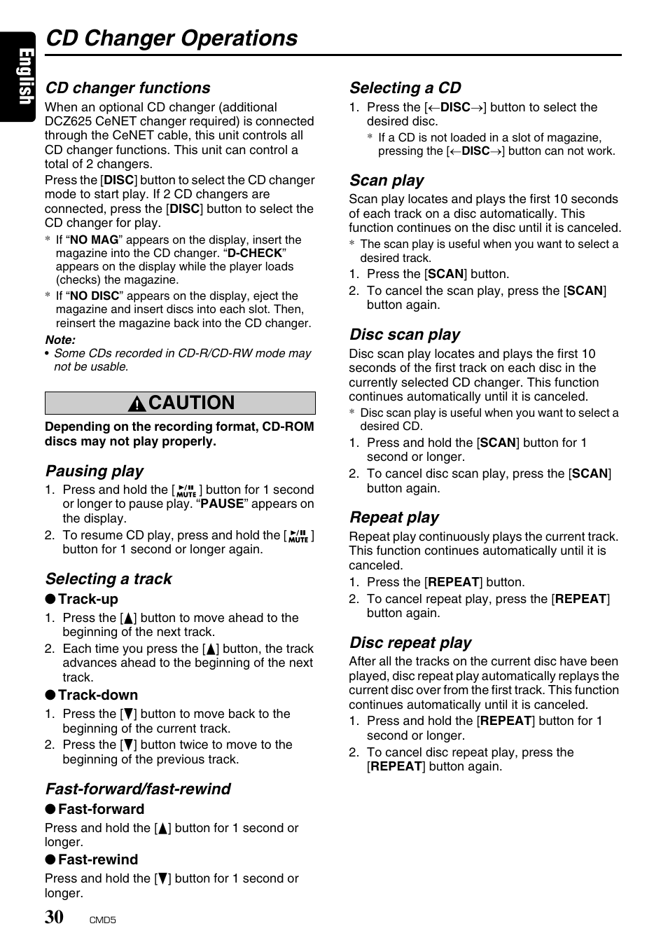 Cd changer operations, English, Caution | Clarion CMD5 User Manual | Page 30 / 38