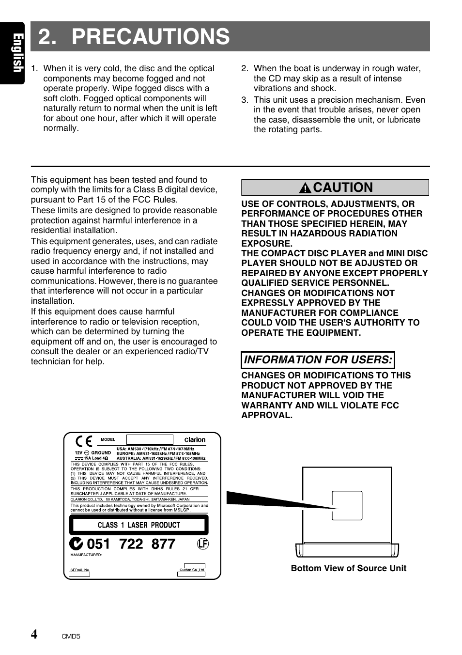 Precautions, English, Caution | Clarion CMD5 User Manual | Page 4 / 38