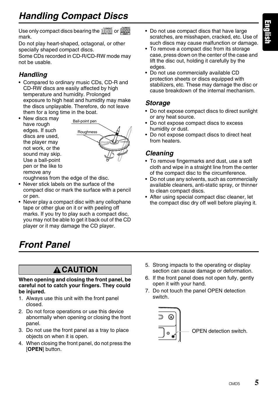 Handling compact discs, Front panel, English | Caution | Clarion CMD5 User Manual | Page 5 / 38
